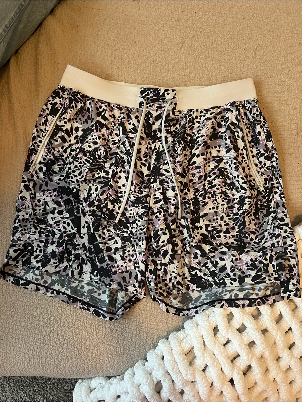 lululemon athletica Black, White & Light Purple Patterned Athletic Shorts